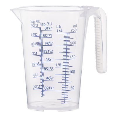 250cc. 5cc scale graduation. Dimensions: 111mm to 75mm diameter x 120mm high. Transparent polypropylene. Used to measure fluids or fine solids with a printed and raised scale graduation. Oil and acid-resistant, break-proof, stable and stackable. Temperature range -10°C to +120°C.