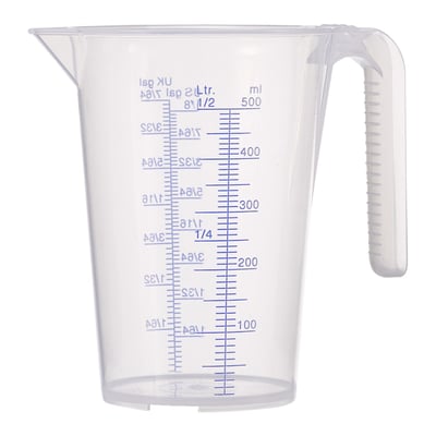 500cc. 10cc scale graduation. Dimensions: 145mm to 100mm diameter x 135mm high. Transparent polypropylene. Used to measure fluids or fine solids with a printed and raised scale graduation. Oil and acid-resistant, break-proof, stable and stackable. Temperature range -10°C to +120°C.