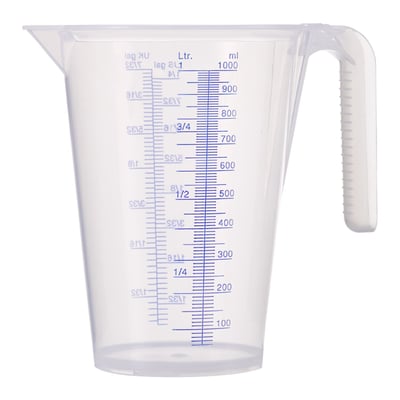 1000cc. 10cc scale graduation. Dimensions: 180mm to 125mm diameter x 170mm high. Transparent polypropylene. Used to measure fluids or fine solids with a printed and raised scale graduation. Oil and acid-resistant, break-proof, stable and stackable. Temperature range -10°C to +120°C.