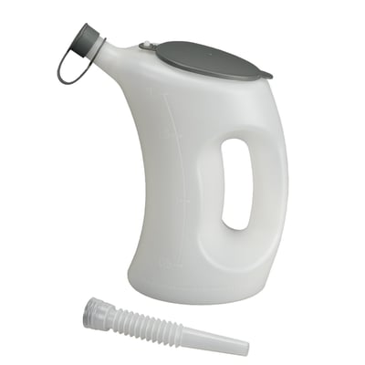 2 liter with 0.50 liter scale graduation. Dimensions 230mm x 105mm diameter x 290mm high. White/transparent HDPE (high density polyethylene) container with a gray HDPE spout protection cap. The larger gray cover is made of polypropylene. The included 160mm white/transparent flexible spout is made of LDPE (polyethylene of low density). Used to measure fluids with the incorporated English, American and German scale graduations. Oil, acid and fuel resistant, break-proof and stable. Temperature range -10°C to +120°C.
