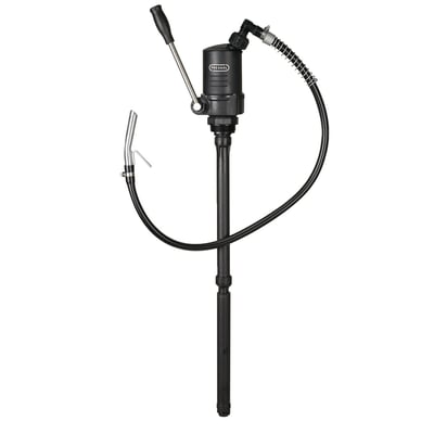 Compatible with 60, 200 and 220 liter barrels with G 2" male threads. Compatible with oils up to SAE 50, diesel, petroleum, kerosene, glycerin and undiluted antifreeze. 0.4 liter per stroke, at 60 strokes per minute 24 liters pumping capacity. Pump body is manufactured from ABS + PA 6, seals from FKM + HNBR and the metal parts are zinc plated steel. The suction tube is telescopic and adjustable from 35cm to 95cm in length. The discharge hose is 150cm long and comes with a steel discharge spout. Easy installation. Weight 1.24kg.