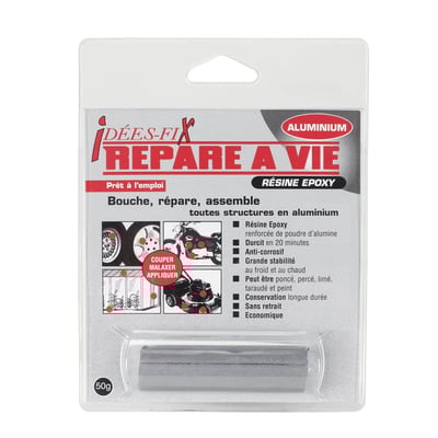 Aluminum. 50 gram. Cures in 20 minutes. A two component epoxy resin reinforced with metal powder. The chemical components are matched to form the best bond to the materials that are to be joined or repaired and offer a durable and quick solution for metal repairs without cracking or twisting. When cured it can be filed, drilled, tapped and painted. Idées-Fix is weatherproof, resistant to CFC (chlorofluorocarbons), solvents and high temperatures.