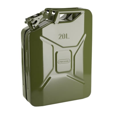 Olive green RAL 6003. 20 liter. 4.3kg. 360x160x480mm high. For liquid fuels. Manufactured from steel sheet material that is of a welded design. The jerrycan is externally and internally painted to help prevent rust. Classic safe lock with cotter pin. UN approved. 

Note: For optional discharge spouts see 599736 rigid and 599737 flexible. For a replacement rubber gasket see 599739. 
Note: As of 01.06.2015, all fuel cans (UN) must be marked by the end user in accordance with the GHS / CLP Regulation. For identification the correct diesel or gasoline labels must be used.
Note: Check your local MCS dealer or the MCS sales department for exact type of approval and validity on bike model and years on the test report.