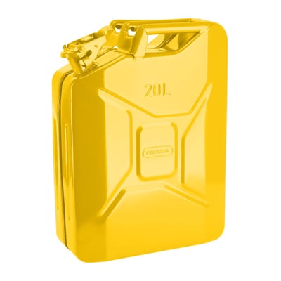 Yellow RAL 1023. 20 liter. 4.3kg. 360x160x480mm high. For liquid fuels. Manufactured from steel sheet material that is of a welded design. The jerrycan is externally and internally painted to help prevent rust. Classic safe lock with cotter pin. UN approved. 

Note: For optional discharge spouts see 599736 rigid and 599737 flexible. For a replacement rubber gasket see 599739. 
Note: As of 01.06.2015, all fuel cans (UN) must be marked by the end user in accordance with the GHS / CLP Regulation. For identification the correct diesel or gasoline labels must be used.
Note: Check your local MCS dealer or the MCS sales department for exact type of approval and validity on bike model and years on the test report.