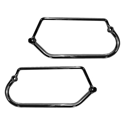 Mounting brackets for Longride saddlebags. Will fit the Longride Heritage Click-on saddlebags and the Longride model specific Iparex & leather saddlebags. Approximate distance between mounting points: 237 mm. 
Note 1: Is not suitable for click-on system. Only for universal applications.
Note 2: Current finish is chrome instead of black.