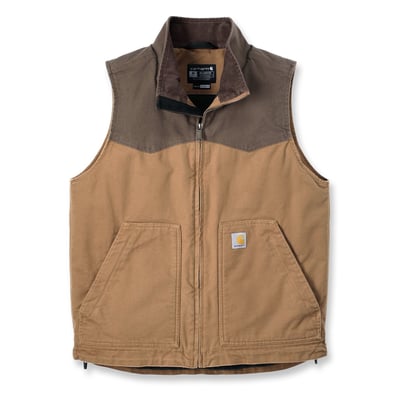 Stay comfortable on the job or off the clock. This insulated Carhartt Montana duck vest will keep you warm all day long. Plenty of pockets secure and organize essentials. A relaxed fit and extra stretch allow you to move without restriction.

• Relaxed fit
• Rugged Flex™ - Allows for more movement
• Corduroy lined collar
• Mock neck
• Two lower front pockets with zipper closure
• Two interior pockets, one pocket with zipper closure and one with hook-and-loop closure
• Full-length front zipper with interior storm flap
• Drop-tail hem for added coverage with adjustable draw cord
• Triple stitched main seams
• Carhartt label sewn on pocket
• Woven
• 11.4 oz/yd² - 387 gsm
• Stretch Soft Duck
• Quilted nylon body lining; Insulated for warmth
• 99% Cotton/1% Elastane