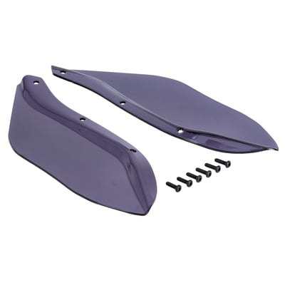 Fits models with Batwing fairings. 
These wind deflectors fit the lower side of the Batwing fairing where they help prevent updraft and reduce turbulence for a more comfortable ride. 
Made of dark smoke and designed to last since it is made of polycarbonate material. 
OEM replacement reference 57740-05