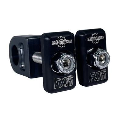 With FXR logo engraved black anodized aluminum adjustment plate on the rear. 
- Eliminates all associated axle adjustment problems with one easy to install kit 
- Axle block made of polished 304 stainless steel 
- Unique hash mark system for easy alignment of wheel, belt / chain 
- 3/8-24 stainless steel stud & high quality chrome nyloc nuts and washers. 
OEM replacement reference 41570-77, 41533-91T, 41573-84, 41112-79, 7725