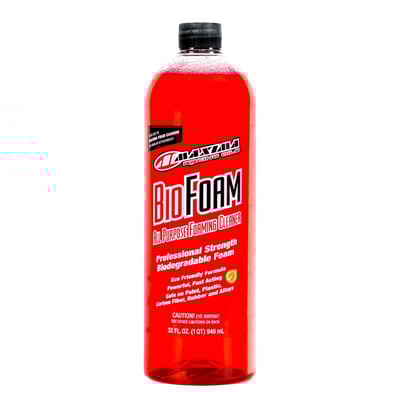 946cc bottle. 
Designed for use in the Maxima Foam Cannon (separately available as 700998, or other adjustable sprayers) and a pressure washer. Can be used full strength as a degreaser or diluted 10:1 as an all-purpose cleaner for use on nearly all surfaces. 
Ultra-stable foam stays in place and works quickly to penetrate dirt, oil and other debris. Tough on dirt but compatible with metals, alloys, paint, plastic, chrome, anodized surfaces, rubber and carbon fiber. Advanced micro chemistry protects aluminum, magnesium and alloys. Fast-acting cleaning agents lifts away dirt while scrubbing grime and oil based deposits. Specially engineered surfactants lower surface tension, allowing better penetration and wetting of solids. Can be used at full strength as a heavy-duty cleaner/degreaser or diluted 10:1 to be used as an all-purpose cleaner.  
- Perfect for use with 700998 Foam Cannon 
- Surface tenacious, thick foam clings to the surface 
- Easy removable with water 
- 100% biodegradable 
- Can be diluted 10:1 as an all-purpose cleaner 
- Advanced micro chemistry protects metal and alloys 
- Contains no VOCs, harmful acids, CFCs or solvents 
- Non flammable 
- Non toxic 