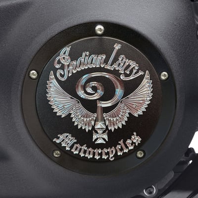 6.4" diameter. 
Matte black with clear etched logo. 
Manufactured from precision-detail CNC machined aluminum. 
With the 'Indian Larry' logo prominently CNC etched for the true vibe that allows Classic and Style to come together in this original Indian Larry clutch cover. 