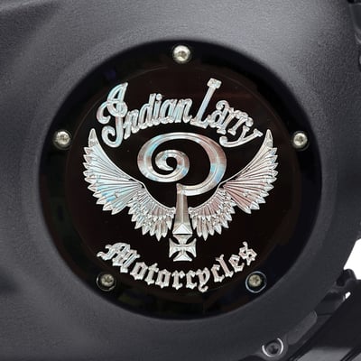 6.4" diameter. 
Gloss black with clear etched logo. 
Manufactured from precision-detail CNC machined aluminum. 
With the 'Indian Larry' logo prominently CNC etched for the true vibe that allows Classic and Style to come together in this original Indian Larry clutch cover. 