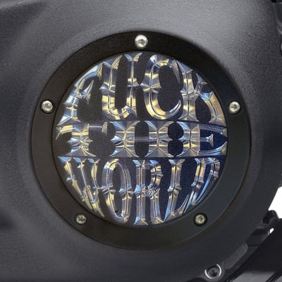 6.4" diameter. 
Matte black with clear etched logo. 
Manufactured from precision-detail CNC machined aluminum. 
With the 'Fuck The World' logo prominently CNC etched allowing the Indian Larry freedom vibe to resonate in this original Indian Larry clutch cover. 