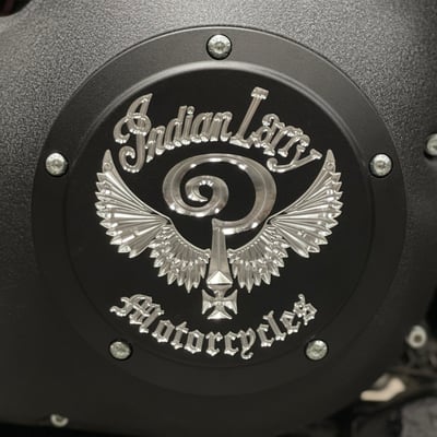 7.25" diameter. 
Matte black with clear etched logo. 
Manufactured from precision-detail CNC machined aluminum. 
The Question Mark with Larry's classic CNC etched 'Question Everything' logo. 
This is where Heritage, Style and Freedom come together in the original and one of a kind Indian Larry clutch cover. 
