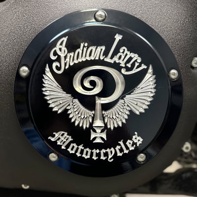 7.25" diameter. 
Gloss black with clear etched logo. 
Manufactured from precision-detail CNC machined aluminum. 
The Question Mark with Larry's classic CNC etched 'Question Everything' logo. 
This is where Heritage, Style and Freedom come together in the original and one of a kind Indian Larry clutch cover. 
