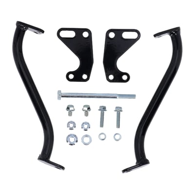 Used to install a 22-up FXLRST Low Rider ST 117 fairing (OEM ref. 57001562) for a Club Style transformation. 
Black powder coated steel. 
Comes complete with installation hardware.  
Note: See 701684 for the required upper bracket. 
Note: See 701444 for the optional headlamp bracket mount kit, which must be purchased separately since it is not included in the Dominator fairing brackets, to install the headlamp. 