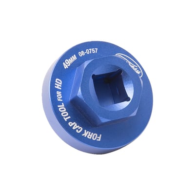 - Used in the removal and installation of fork caps on H-D touring models with 49mm forks 
- Protective O-ring reduces the risk of damage to the fork caps during removal and installation 
- 1/2 inch square drive 
- Machined from 6061-T6 aluminum with durable blue anodizing and laser engraved identification markings 