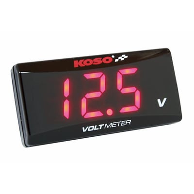 - Will automatically flash if voltage drops down to 11.5V 
- Illuminated digits make it attractive and easy to read at night 
- Compact size for an easy install on the bike 
- Volt meter: DC 8 to 18 V. Per DC 0.1 V 
- Voltage warning: Flashing light when < 11.5 V 
- Effective temperature range 14 to 140 °F (‑10 ~ 60 °C) 
- Power DC 12 V 
- Meter standard JIS D 0203 S2 
- Dimensions: 56.4mm x 27mm x 11mm 
- Meter weight ±20 grams 
- Complete with instructions 




