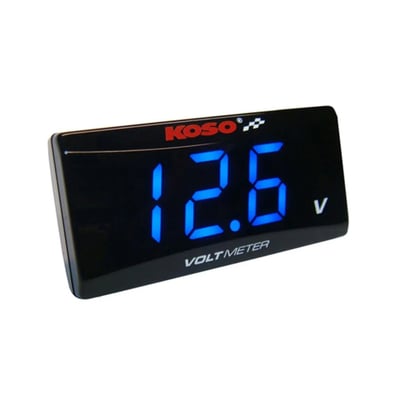 - Will automatically flash if voltage drops down to 11.5V 
- Illuminated digits make it attractive and easy to read at night 
- Compact size for an easy install on the bike 
- Volt meter: DC 8 to 18 V. Per DC 0.1 V 
- Voltage warning: Flashing light when < 11.5 V 
- Effective temperature range 14 to 140 °F (‑10 ~ 60 °C) 
- Power DC 12 V 
- Meter standard JIS D 0203 S2 
- Dimensions: 56.4mm x 27mm x 11mm 
- Meter weight ±20 grams 
- Complete with instructions 