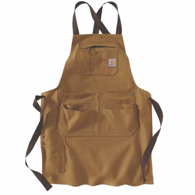 Custom fit with criss-cross straps in back · 12 oz/yd² - 407 gsm · 100% cotton · firm duck · multi compartment bib pocket with secure zipper closure · four large pockets and two small pockets · tool and utility pockets · multiple tool and utility pockets · bib pocket with zip closure · triple stitched main seams · apron length 33 inches/83 cm · carhartt label sewn on pocket