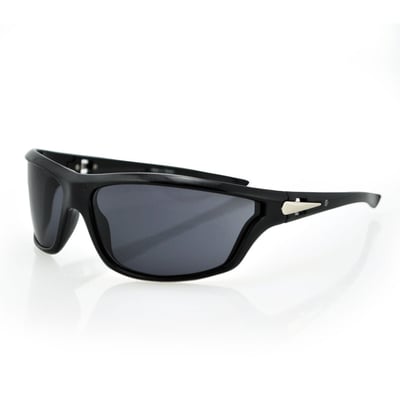 The Florida sunglass is available in smoked, polycarbonate, shatter resistant lens that provides 100% UV protection. The flexible polycarbonate frame has a shiny black finish with shiny metal detail on the arms. The extreme wrapped shape and large lens helps block the wind and allows for great peripheral vision. No foam keeps the sunglass light weight.