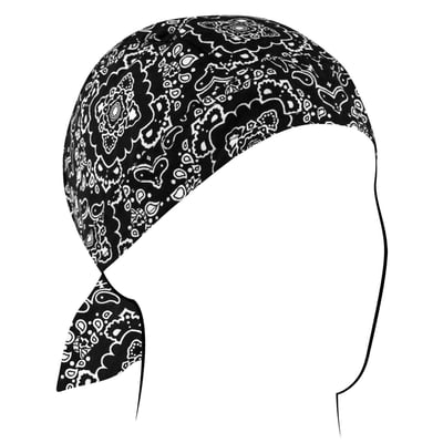 The ZANheadgear® Flydanna® is a bandanna that has been sectioned into 6 panels and transformed into a headwrap. By keeping sweat from a rider's eyes and preventing sweat and skin oils from soiling helmet liners, the Flydanna® works well as moisture barrier underneath a helmet. Additionally, the Flydanna® keeps hair from getting snagged on earrings or tangled in the wind. Black Paisley design. Material: 100% Cotton