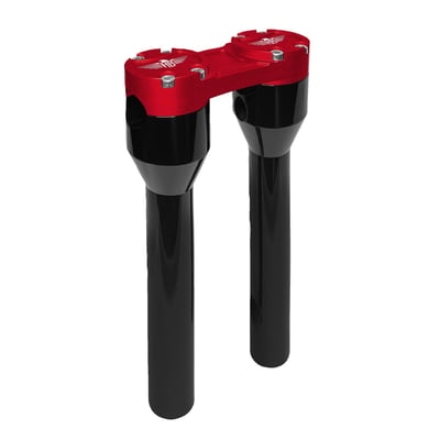 Gloss Black anodized 8" risers with a Red anodized top clamp and 1" handlebar clamping area.
Premium quality 3-D CNC machined billet aluminum riser set. No pullback for a more aggressive riding position. Compatible with all bikes with the H-D 3.5" center to center mount holes. With one-piece upper bridge that offers exceptional torsional rigidity and stability for best control in any circumstance. Designed to route 'invisible' wiring internally for the cleanest look. Complete with the HeinzBikes Eagle Logo, machined on the handlebar top clamp.
- Precision CNC machined billet aluminum
- No pullback
- Extreme stability and torsional rigidity
- Drilled for invisible internal wiring
- Extremely clean look
- Made in the EU.
Note: With approval. Check your local MCS dealer or the MCS sales department for exact type of approval and validity on bike model and years on the test report.
Note: Handlebars with 1-1/8" (28mm) clamp area can be used with 1-1/4" (32mm) risers when using the HeinzBikes 706690 handlebar reducer sleeves