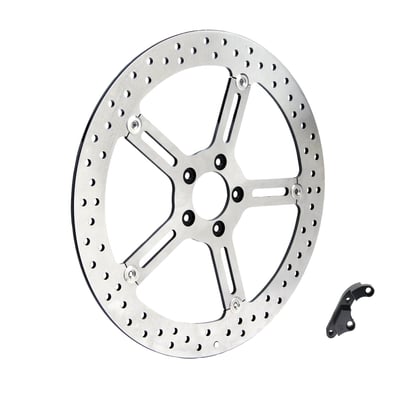 Hub mount. 
Offers drastically improved braking performance and looks over stock. It is a simple bolt-on installation, but will work in combination with 18" or larger wheels only. The brake disc is made of 420 stainless steel and is drilled for optimum performance and heat dispersion. The inner carrier is manufactured from 6061 billet aluminum with a black anodized finish for lasting good looks. Kit includes one brake disc and one billet brake caliper adapter bracket, to compensate for rotor diameter so the stock caliper can be re-used, and all required installation hardware. The brake line is also re-used. Compatible with stock or aftermarket fenders. 
Mount style 'B'. Counter bored 3.25". 3.25" BCD, hole to hole distance 48.6mm. Counter bored mount holes. 56.3mm ID. 