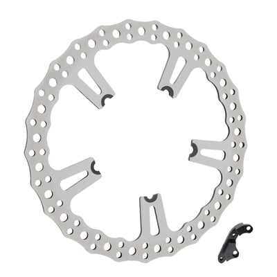 Spoke mount. 
Offers drastically improved braking performance and looks over stock. It is a simple bolt-on installation, but will work in combination with 18" or larger wheels only. The brake disc is made of 420 stainless steel and is drilled for optimum performance and heat dispersion. Kit includes one brake disc and one billet brake caliper adapter bracket, to compensate for rotor diameter so the stock caliper can be re-used, and all required installation hardware. The brake line is also re-used. Compatible with stock or aftermarket fenders. 
Mount style 'D'. Open center with 6.7" BCD. Half moon bolt mount holes. 