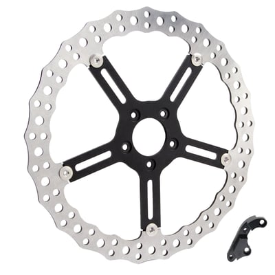 Hub mount. 
Offers drastically improved braking performance and looks over stock. It is a simple bolt-on installation, but will work in combination with 18" or larger wheels only. The brake disc is made of 420 stainless steel and is drilled for optimum performance and heat dispersion. The inner carrier is manufactured from 6061 billet aluminum with a black anodized finish for lasting good looks. Kit includes one brake disc and one billet brake caliper adapter bracket, to compensate for rotor diameter so the stock caliper can be re-used, and all required installation hardware. The brake line is also re-used. Compatible with stock or aftermarket fenders. 
Mount style 'B'. Counter bored 3.25". 3.25" BCD, hole to hole distance 48.6mm. Counter bored mount holes. 56.3mm ID. 