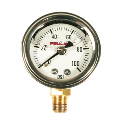 With regular bottom fitting placement.
White face.
1.5" (38mm) diameter.
Quality liquid silicone filled.
Stainless housing.
0-100 PSI scale.
Genuine glass lens.
1/8 NPT threaded fitting.
Accuracy 3%.