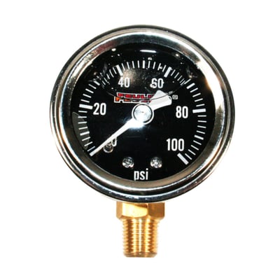 With custom bottom fitting placement.
Black face.
1.5" (38mm) diameter.
Quality liquid silicone filled.
Stainless housing.
0-100 PSI scale.
Genuine glass lens.
1/8 NPT threaded fitting.
Accuracy 3%.