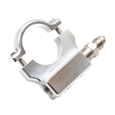Machined aluminum finish.
Used to install a 1.5" (38mm) oil pressure gauge to the handlebar. With 1/8 NPT treaded adapter. Manufactured of 6061 billet aluminum and comes with stainless Allen head bolts and a 1/8 NPT to -3AN adapter fitting.
USA made.