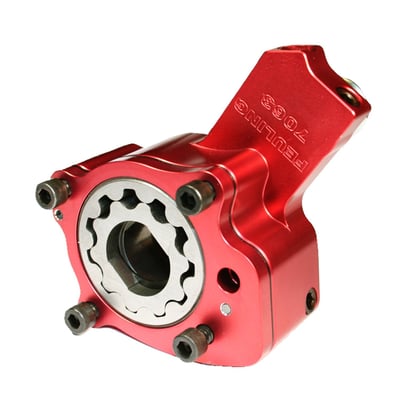 38% more scavenge, 10% more pressure than stock.
The Super Scavenger oil pump has an increased scavenge ratio. Identical to the Feuling Race Series oil pumps but they feature a thinner pressure housing resulting in an increased ratio for the scavenge side of the oil pump.The increased amount of oil removed from the crankcase & cam chest helps reduce power robbing wet sumping and oil carry over.
Like the Race Series oil pump manufactured from 7075 billet aluminum with military specs, a red hard anodized finish, blue printed and designed for performance. The 7075 alloy is 50% harder and stronger than 6061 aluminum and holds tighter tolerance under temperature.
- High Flow 4140 heat treated Chrome Moly gerotor gears
- Stock replacement for Twin Cam engines
- When combined with the Feuling cam plate test results show 3 horsepower gain and 4 ft/lbs. of torque gain to the rear wheel, while lowering engine & oil temperature
- Feuling cam plate advised but not required
- Stock replacement for Twin Cam engines, recommended for both strip & performance street engines
- Pressure Volume: 10% more than '99-'06 factory oil pump, 1% more than SE oil pump
- Scavenge Volume: 38% more than '99-'06 factory oil pump, 9% more than SE oil pump