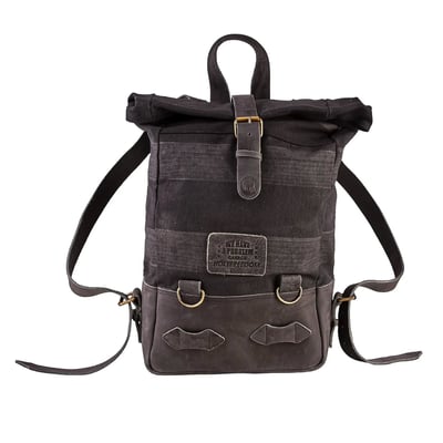 The Holy Freedom Back to black Bag is crafted from 60% cowhide and 40% cotton canvas, this bag combines rugged durability with classic style. The roll-top design offers flexibility and secure storage, while the striped canvas print adds a bold touch. Featuring adjustable leather shoulder straps, a sturdy leather handle with the Holy Freedom writing, and burnished metal hardware. Inside, you'll find a dedicated laptop pocket (fits up to 16 inches) and an internal zip pocket for your essentials. It includes anchors for easy attachment to your bike. With a capacity of 14-18 liters, this 100% handmade bag is ready for any journey. Elevate your adventures with the Holy Freedom Back to black bag!