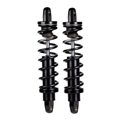 In a black Type III hard coat anodized finish. 
Stepless preload, no adjustable rebound. 
Touring-specific shock absorbers with coil spring rates designed to provide superior ride comfort, improved performance, and increased resistance to bottoming for all-day comfort. Adjusts by hand, no tools needed. Easy installation and alignment, provided by spherical bearings on both top and bottom mounting points. High-flow piston reacts quickly for improved fluid flow management. Deflective disc valving self-adjusts to frequency and ensures controlled performance. Low friction sealing system and sliding bearings for improved performance and feel. 
Note: Standard duty is recommended for a rider/passenger/gear total weight below 500lbs. (227kg). Heavy Duty application is recommended for over 500lb. (227kg) rider and passenger total weight. 