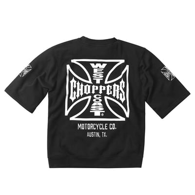 Elevate your streetwear with the West Coast Choppers CFL Chop sleeve crewneck. Crafted from a heavyweight cotton/polyester blend, this crewneck offers both comfort and durability. Featuring embroidered CFL and OG Cross logos on the sleeve, as well as the "Motorcycle Co. Austin TX." embroidery on the back, it's a testament to authentic chopper culture. The printed cross above the back text ensures added comfort without compromising style.