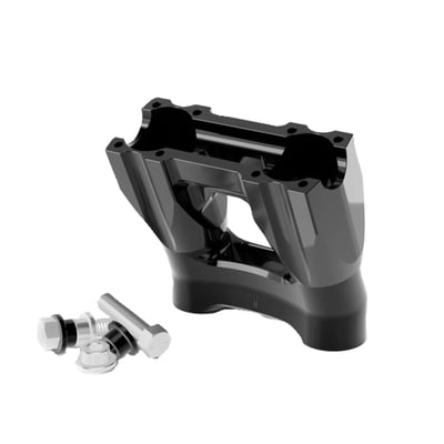 Black anodized finish. 
Fits models with 1-1/8" (28mm) handlebar clamping area.
Sold without top clamp, the top clamp (top plate) is sold separately depending on application.  
The 'Kickback style' moves the handlebar 1.5" (38mm) towards the rider. 
These isolated risers are designed to be solid-mounted to the top triple tree and are installed with the supplied billet bushings. This creates a much more rigid bar setup, allowing for improved control and far greater use of your bike's suspension and braking capabilities. As for vibration dampening, the rubber bushings are relocated just below the handlebar. There they are placed inside the riser mid-section. The proprietary use of these rubber isolators drastically reduces the amount of unwanted movement at the bushings. This creates a much more solid bar feel, giving you greater confidence in your bike's handling. You'll notice the difference of a hard-mounted riser legs and relocated rubber isolators right away. 
- Far less vibration than rigid mounted risers and a much better bar feel.
- Bottom clamp has an opening to accommodate hidden wiring 
- Top clamp ((top Plate) must be purchased separately depending on your application 
- 3.5" center to center for standard OEM H-D fitment 
- Bushing life is increased, maintenance lowered 
- Wiring slot in the center of the riser body allows for easy installation and clean wiring. 
Note: Sold without top clamp, the top clamp (top plate) is sold separately depending on application.
Note: Kraus Isolated Risers are designed and engineered for universal fitment. Some modification may be required depending upon application. This product is NOT compatible with models that include integrated bar clamps on the triple tree top clamp.
Note: Kraus Isolated Risers are a modular construction. You can run them without legs or swap out the risers legs for optional available lengths should you decide to run a shorter/taller rise down the line. See the 'optional Isolated Riser legs' for 4 available lengths between 3.5" (89mm) to 9.5" (241mm) tall. 