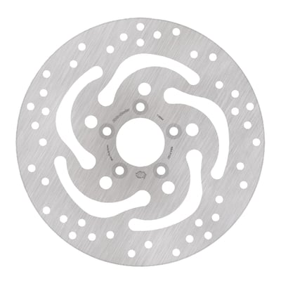With approval. Stainless.
11.5" / 292mm O.D, 56.3mm I.D., 10.2mm (3/8") counterbored mounting holes. 3.25" bolt circle diameter.
Mount style 'B'.
- Outer diameter 292.0 mm
- Inner diameter56.7 mm
- Thickness 5.0 mm
- Number of holes 5
- Hole diameter10.3 mm
- Pitch 82.5 mm
- Rigid disc
- Turning direction right side mount rear
- No speedometer hole
- OEM replacement reference 41797-00, 41500089.
Moto-Master brake rotors are manufactured from premium stainless steel, offering superb braking ability and are highly corrosion resistant. CNC machined, laser cut and precision double grinded within the tightest tolerance to eliminate any brake rotor vibration. All Moto-Master brake discs are made in Europe and ABE approved
Note: Check your local MCS dealer or the MCS sales department for exact type of approval and validity on bike model and years on the test report.