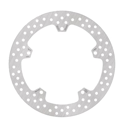 280mm (10.2") OD x 5mm thick. Open center. 5 x 8.7mm (5/16") bored mounting holes. Mount hole to mount hole distance 108.7mm.
Mount style 'M'.
All Moto-Master brake rotors are manufactured from premium stainless steel, offering superb braking ability and are highly corrosion resistant. CNC machined, laser cut and precision double grinded within the tightest tolerance to eliminate any brake rotor vibration. All Moto-Master brake discs are made in Europe and approved.
- Stainless steel
- Outer diameters 280.0 mm
- Inner diameter 168.0 mm
- Thickness 5.0 mm
- Number of holes 5
- Hole diameter 8.7 mm
- Pitch185.0 mm
- Turning direction Omnidirectional
- Speedometer prepared No
- OEM replacement reference 41500159.
Note: Check your local MCS dealer or the MCS sales department for exact type of approval and validity on bike model and years on the test report.