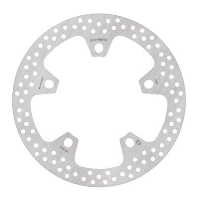 320mm OD. Open center, 160mm. Thickness 4.5mm. 5 x 15mm x 15.7mm elongated mount holes. Mount to mount hole distance 113mm.
Mount style 'N'.
- Stainless steel
- Outer diameter 320.0 mm
- Inner diameter160.0 mm
- Thickness 4.5 mm
- Number of holes 5
- Hole diameter15x17 mm
- Pitch 193.0 mm
- Rigid disc
- Turning direction Omnidirectional
- OEM replacement reference 41500158A.
All Moto-Master brake rotors are manufactured from premium stainless steel, offering superb braking ability and are highly corrosion resistant. CNC machined, laser cut and precision double grinded within the tightest tolerance to eliminate any brake rotor vibration. All Moto-Master brake discs are made in Europe and approved.
Note: Check your local MCS dealer or the MCS sales department for exact type of approval and validity on bike model and years on the test report.