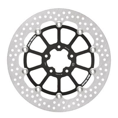 320mm (12.6") OD., 56.3mm I.D., 5x 8.7mm (5/16") bored mounting holes. Mount hole to hole distance 48.6mm. 
Mount style 'K'. 
Fits Pan America models with OEM or models converted to OEM 19" laced (spoke) wheels only. 
All Moto-Master brake rotors are manufactured from premium stainless steel, offering superb braking ability and are highly corrosion resistant. CNC machined, laser cut and precision double grinded within the tightest tolerance to eliminate any brake rotor vibration. All Moto-Master brake discs are made in Europe and approved. 
- Stainless 
- Black aluminum inner carrier 
- For models with laced wheel 
- Thickness: 5.0 mm 
- No speedometer gap 
- Pitch 82.6mm 
- Comes with approval 
- OEM replacement reference 41500195. 
Note: Check your local MCS dealer or the MCS sales department for exact type of approval and validity on bike model and years on the test report.