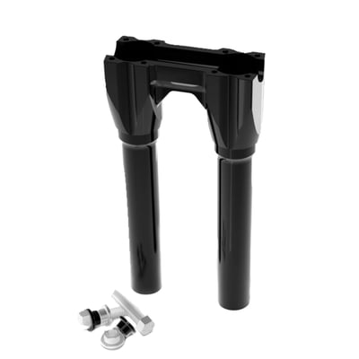 Black anodized finish. 
With 1" (25.4mm) diameter handlebar clamp area. 
Sold without top clamp, the top clamp (top plate) is sold separately depending on application. 
These isolated risers are designed to be solid-mounted to the top triple tree and are installed with the supplied billet bushings. This creates a much more rigid bar setup, allowing for improved control and far greater use of your bike's suspension and braking capabilities. As for vibration dampening, the rubber bushings are relocated just below the handlebar. There they are placed inside the riser mid-section. The proprietary use of these rubber isolators drastically reduces the amount of unwanted movement at the bushings. This creates a much more solid bar feel, giving you greater confidence in your bike's handling. You'll notice the difference of a hard-mounted riser legs and relocated rubber isolators right away. 
- Far less vibration than rigid mounted risers and a much better bar feel.
- Bottom clamp has an opening to accommodate hidden wiring 
- Top clamp ((top Plate) must be purchased separately depending on your application 
- 3.5" center to center for standard OEM H-D fitment 
- Bushing life is increased, maintenance lowered 
- Wiring slot in the center of the riser body allows for easy installation and clean wiring. 
Note: Sold without top clamp, the top clamp (top plate) is sold separately depending on application.
Note: Kraus Isolated Risers are designed and engineered for universal fitment. Some modification may be required depending upon application. This product is NOT compatible with models that include integrated bar clamps on the triple tree top clamp.
Note: Kraus Isolated Risers are a modular construction. You can run them without legs or swap out the risers legs for optional available lengths should you decide to run a shorter/taller rise down the line. See the 'optional Isolated Riser legs' for 4 available lengths between 3.5" (89mm) to 9.5" (241mm) tall. 