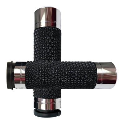 Compatible with models 1" diameter grip area. Will not fit handlebars with a 7/8" (22mm) grip area. 
With CNC machined billet 6061 end caps and collars. The special heavy serrated Kraton grip rubber provides a soft yet reliable non-abrasive and non-slip grip. Designed to offer better control and a more confident ride in all circumstances. 