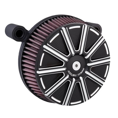 Black anodized 10-Gauge outer cover. With black backing plate. 
Air filter element pre-oiled with red oil. 
Engineered and proven to give your engine maximum airflow for more horsepower & torque. The patented hidden breather backing plate is O-ringed at the heads and exits inside the mouth of the throttle body for a virtually closed loop system, eliminating the need for any external hoses or hardware. 
- Increases horsepower & torque 
- Patented hidden breather technology 
- Pre-oiled high performance cotton gauze filter element 
- One-piece aluminum backing plate 
- Radius air inlet for unobstructed airflow 
- Includes gaskets & installation hardware kit 
- See 936616 for the optional replacement gasket & installation hardware kit 