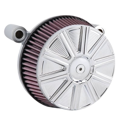 Chrome plated 10-Gauge outer cover. With chrome backing plate. 
Air filter element pre-oiled with red oil. 
Chrome backing plate. 
Engineered and proven to give your engine maximum airflow for more horsepower & torque. The patented hidden breather backing plate is O-ringed at the heads and exits inside the mouth of the throttle body for a virtually closed loop system, eliminating the need for any external hoses or hardware. 
- Increases horsepower & torque 
- Patented hidden breather technology 
- Pre-oiled high performance cotton gauze filter element 
- One-piece aluminum backing plate 
- Radius air inlet for unobstructed airflow 
- With gaskets & installation hardware 
- See 936617 for replacement gaskets & installation hardware. 