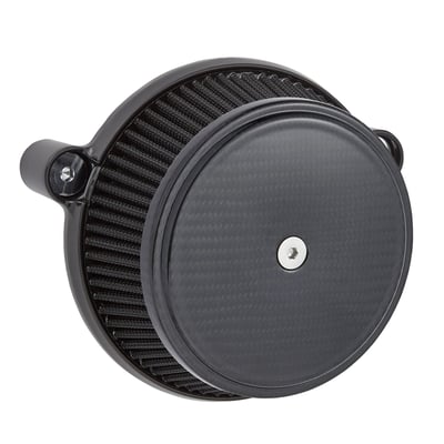 Carbon fiber outer cover.
Air filter element pre-oiled with black oil.
Engineered and proven to give your engine maximum airflow for more horsepower & torque. The patented hidden breather backing plate is o-ringed at the heads and exits inside the mouth of the throttle body for a virtually closed loop system, eliminating the need for any external hoses or hardware.
- Increases horsepower & torque
- Patented hidden breather technology
- Pre-oiled high performance cotton gauze filter element
- One-piece aluminum backing plate
- Radius air inlet for unobstructed airflow