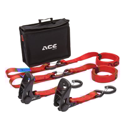 Practical and strong straps made of 30mm wide high-quality polyester. The 200 cm long polyester straps are equipped with a galvanized, plasticized hook and allows for secure and reliable fastening during the transport of the motorcycle. Equipped with Acebikes Premium Ratchets and integrated sewn-in loops this high-quality solution will fulfill any transportation needs. With the integrated loops it’s easy to attach it to any hooking point of the motorcycle, it also prevents the plasticized hooks from touching the bodywork. A multipurpose solution for medium to heavy motorcycles or scooters. Comes with a handy carrying bag and Velcro strap binders to tidy up left over straps. 
- With sewn-in Soft Hook for easy and safe application
- Strap width 30mm 
- Strap length 200cm 
- Equipped with Premium 750 daN ratchets 
- Plasticized hooks with Resilient locking clips for extra security. 
Includes: 
- 2x Ratchet Premium 
- 2x 200 cm webbing with integrated loop and soft hook 
- 2x Velcro strap binder 
- 1x Storage bag 