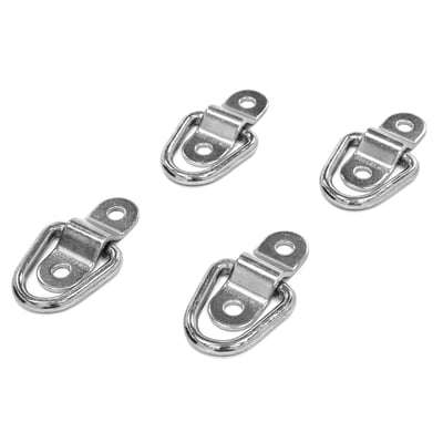 4-pack of zinc plated high strength steel D-rings. Used as an universal attachment point for the hooks of motorcycle tie-downs. Can be folded flat, when not in use, to just 1cm high. Break strength 550kg per D-ring assembly. Set includes 8x M6 lock nuts and 8x M6 x 25mm hex head bolts. Net weight 50 grams each. Dimensions 4cm long x 4cm wide x 1cm high. 