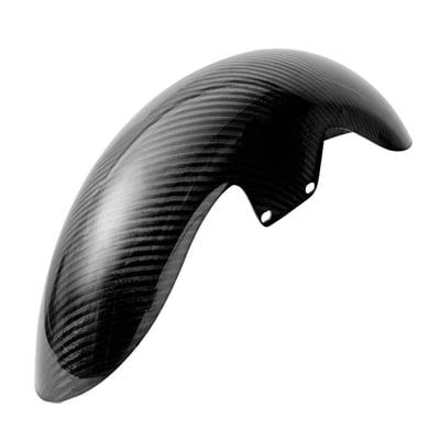 Woven, hand laid carbon. 
Made from a sheet of carbon fiber fabric woven in a crisscross pattern. Laid by hand into a mold, then cured in resin. The fabric layers are aligned in specific directions for strength.

Carbon fiber front fender. Ultra light weight, just around 600 grams, and manufactured from highest quality pure carbon fiber. This makes this fender a must have add-on for any performance bagger. It shaves-off up to 4kg in weight when compared to the stock steel fender. Comes pre-drilled with fender spacers for a quick bolt-on application. EU made. 
- Ultra light weight at around 600 grams
- Up to 4 kg. lighter than the stock steel fender 
- Manufactured from top quality carbon fiber
- Gloss UV stable surface
- Mounting holes are pre-drilled
- Bolt-on replacement for stock front fender
- It is advised installation is done by a capable mechanic 
