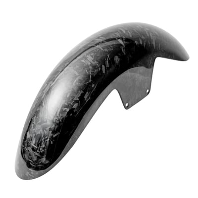 Forged carbon. 
Made from chopped carbon fiber strands mixed with resin and compressed in a mold. The result is a material that looks more like marble or camouflage, without a directional weave. 

Carbon fiber front fender. Ultra light weight, just around 600 grams, and manufactured from highest quality pure carbon fiber. This makes this fender a must have add-on for any performance bagger. It shaves-off up to 4kg in weight when compared to the stock steel fender. Comes pre-drilled with fender spacers for a quick bolt-on application. EU made. 
- Ultra light weight at around 600 grams
- Up to 4 kg. lighter than the stock steel fender 
- Manufactured from top quality carbon fiber
- Gloss UV stable surface
- Mounting holes are pre-drilled
- Bolt-on replacement for stock front fender
- It is advised installation is done by a capable mechanic 